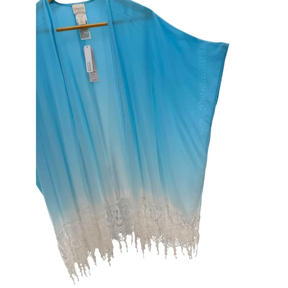 Chico's Dip Dye Ruana Poncho Blue White Ombre Crochet Lace Fringe Kimono S/M New